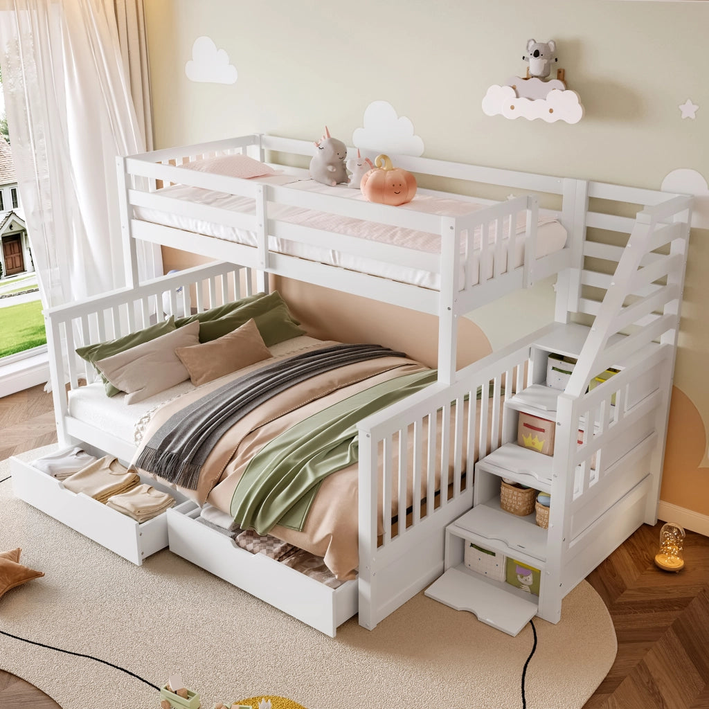 Letto a castello con cassetti in pino bianco 90x200 su 140x200 cm