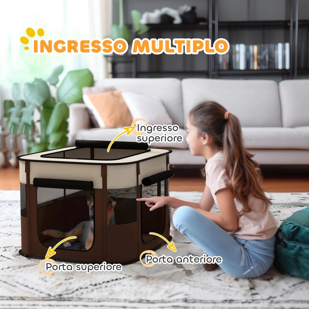Box per Animali 74x60x45 cm con 6 Finestre 3 Porte e 2 Borse Portaoggetti in Poliestere e Acciaio Marrone