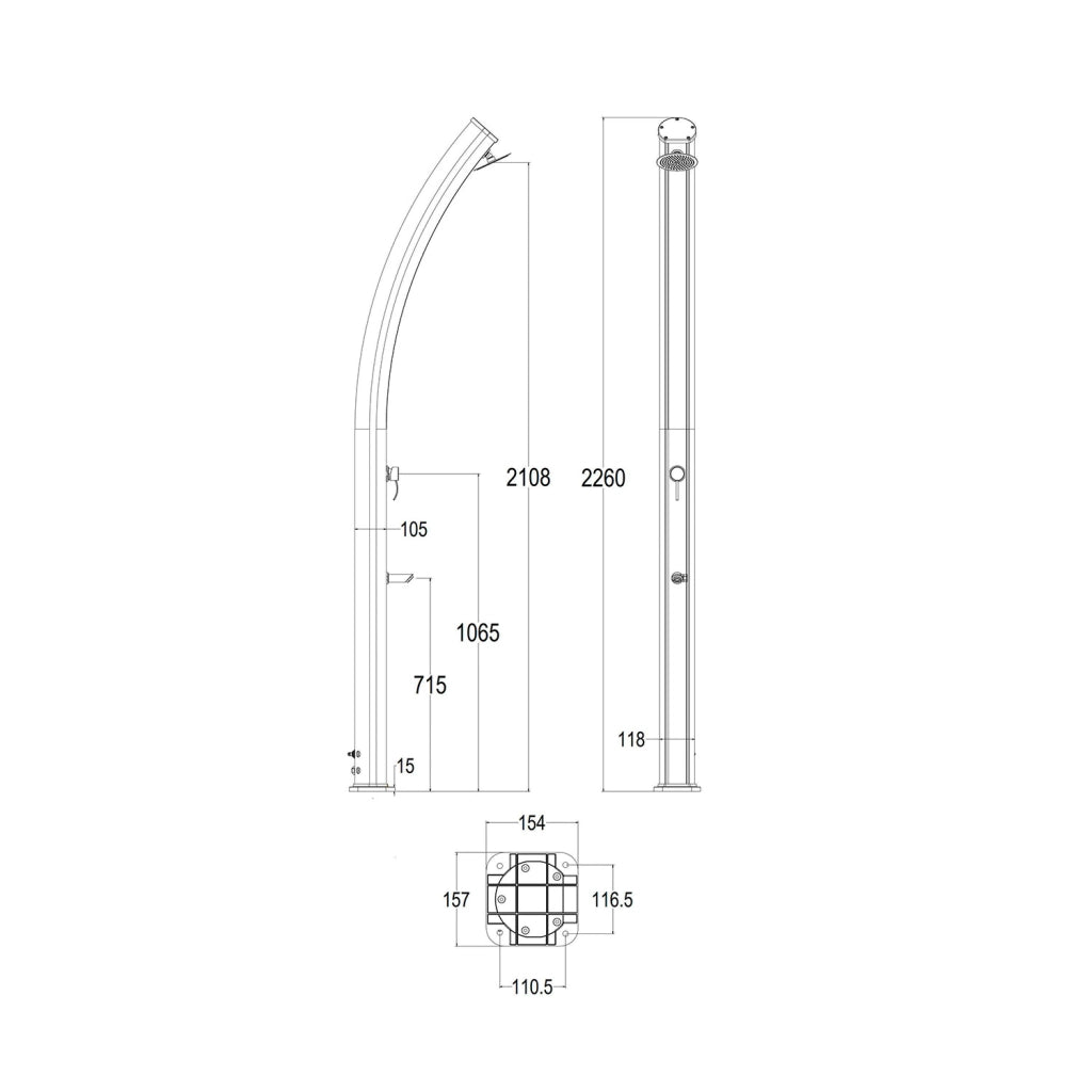 Doccia Solare Bianco Alluminio per Esterno serbatoio 25 L altezza 226 cm soffione tondo 15 cm miscelatore con rubinetto lavapiedi SS0954-WHITE