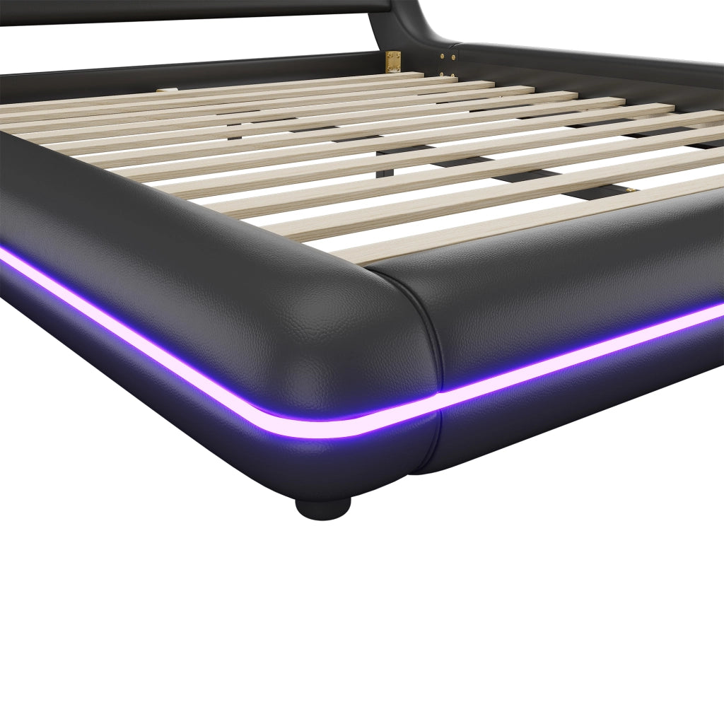 Letto basso matrimoniale 160×200 cm a pavimento con LED regolabile; senza materasso; PU e MDF; nero