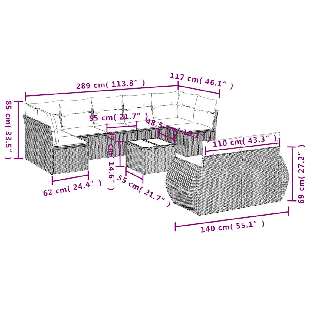 Set Divani da Giardino 10 pz con Cuscini Marrone in Polyrattan 3221833