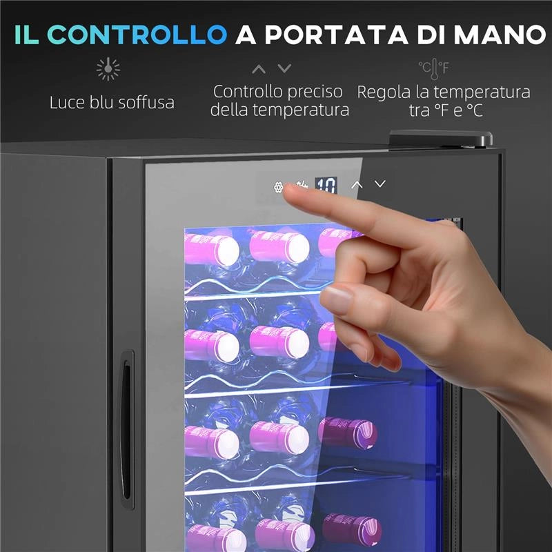 CANTINETTA VINO REFRIGERATA PER 20 BOTTIGLIE, CAPACITÀ 53L PORTA IN VETRO ANTI-UV E RIPIANI REGOLABILI NERO 43X48X64 CM