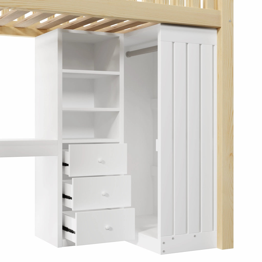 Letto a soppalco singolo 90×200 cm con scrivania; armadio; 3 cassetti e scale; senza materasso; pino; naturale