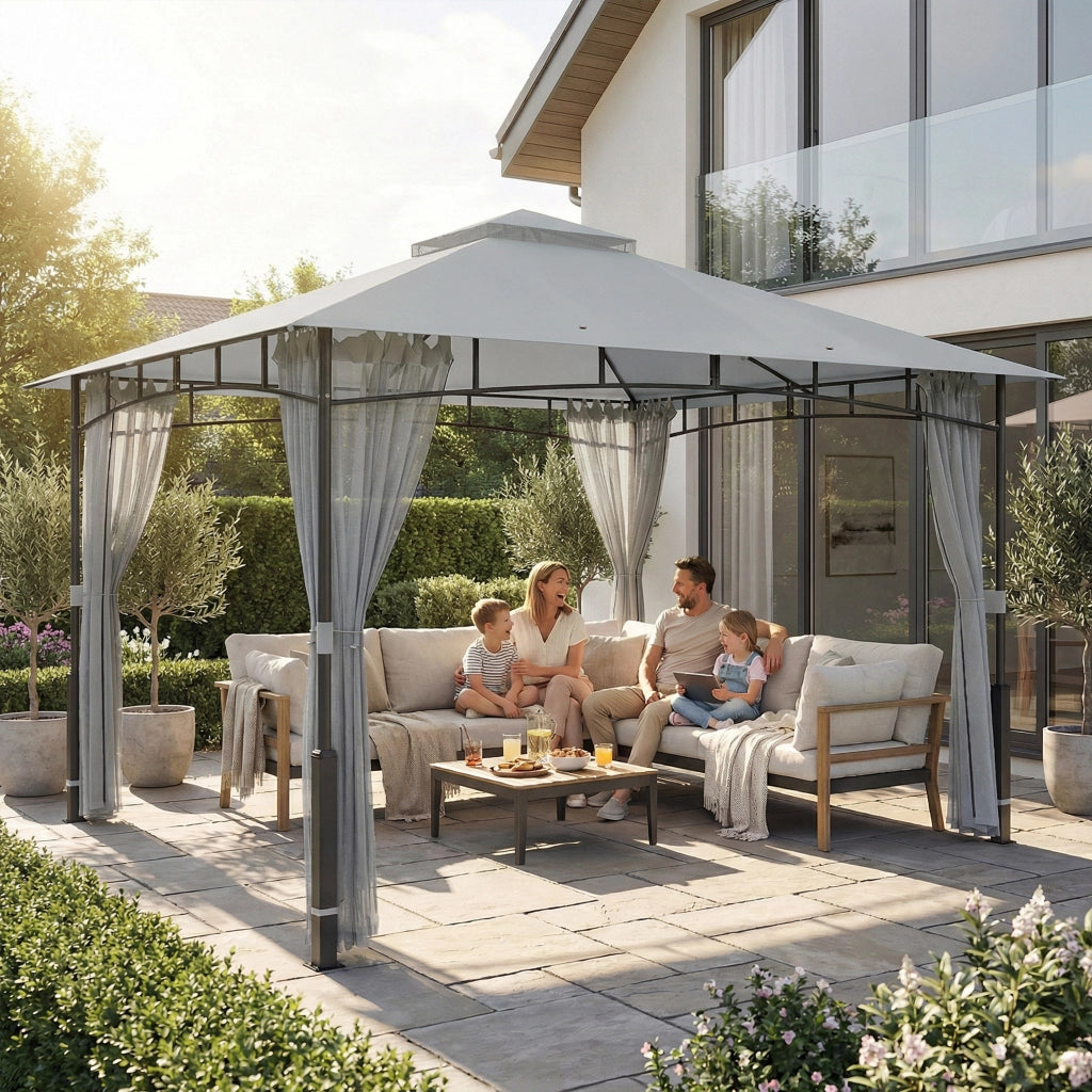 Gazebo da Giardino ¨C Xylo ¨C Doppio Tetto Pareti in Rete UPF50+ Grigio 360x300x275cm