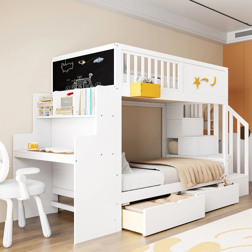 Letto a castello per bambini 90 x 200 cm bianco legno massiccio di pino cassetti scale di sicurezza scrivania e motivo a stella