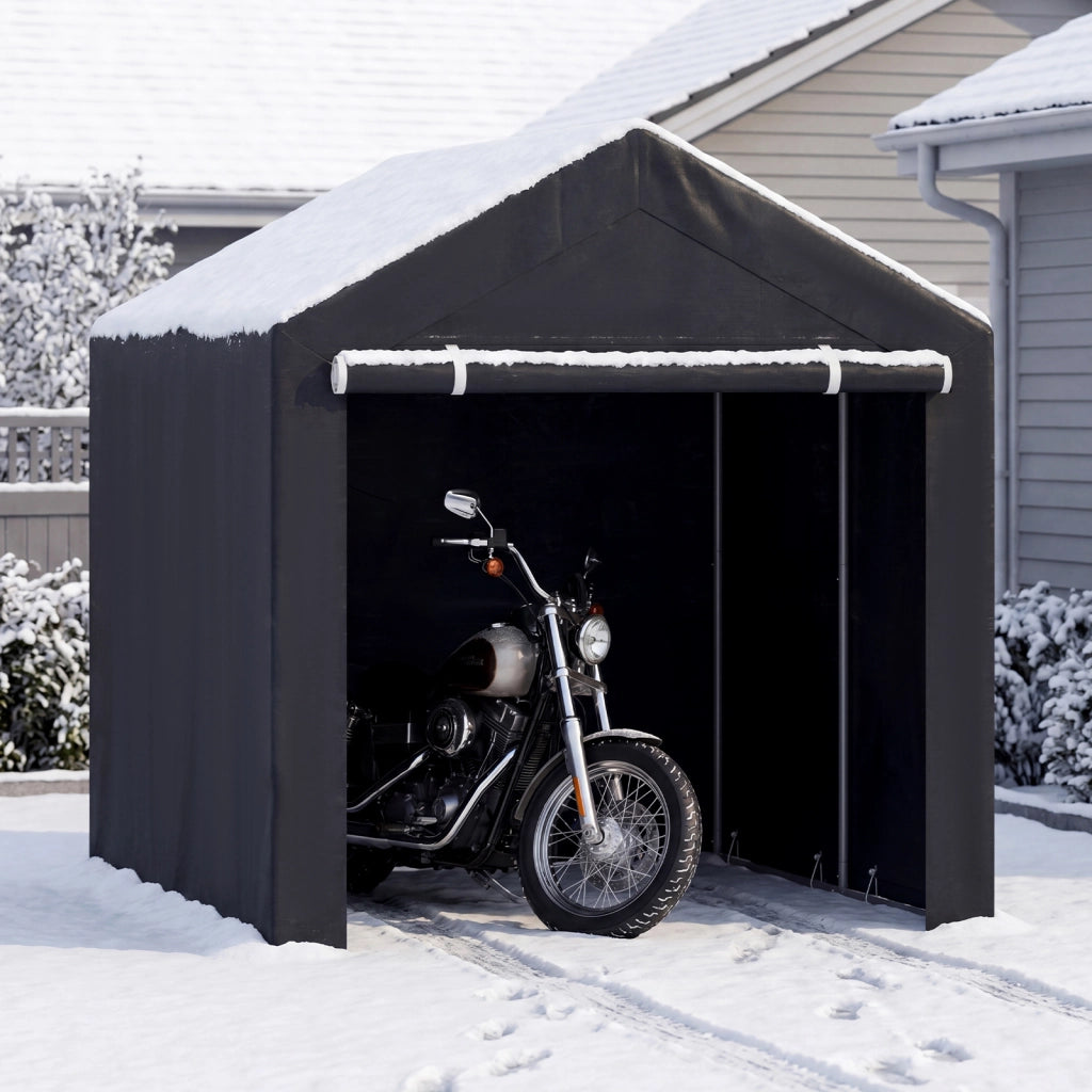 Tenda biciclette da esterno impermeabile con tetto spiovente porta avvolgibile, Capanno porta attrezzi da giardino per moto e legna 220 x 160 x 174 cm