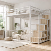 Letto a soppalco 140x200 cm in metallo bianco con scala contenitore; griglia portaoggetti e LED 7 colori
