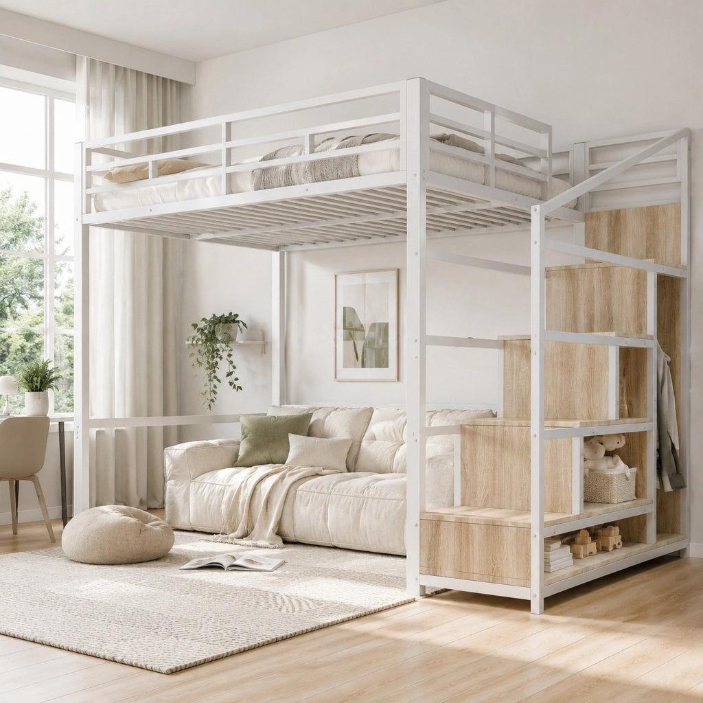 Letto a soppalco 140x200 cm in metallo bianco con scala contenitore; griglia portaoggetti e LED 7 colori