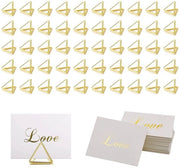 Set di 100 cartellini da tavolo, 50 tappi per cartellino, forma triangolare con 50 cartellini, tappi per cartellini, supporto per foto, supporto da tavolo, clip standard, clip per matrimonio, festa, baby shower (oro)