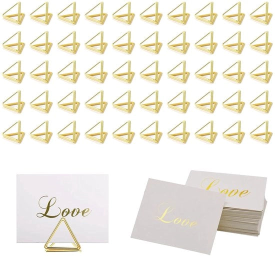 Set di 100 cartellini da tavolo, 50 tappi per cartellino, forma triangolare con 50 cartellini, tappi per cartellini, supporto per foto, supporto da tavolo, clip standard, clip per matrimonio, festa, baby shower (oro)