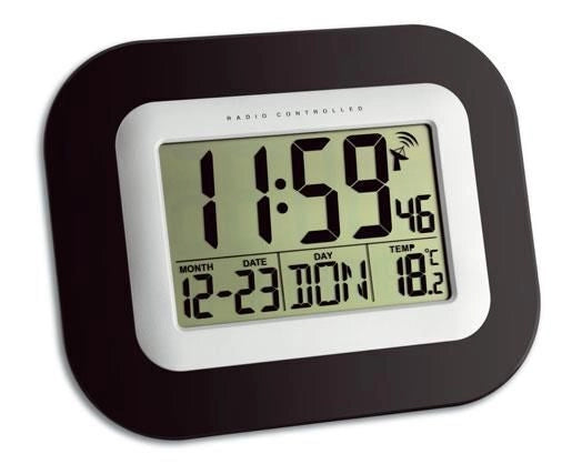 TFA 60.4503 Orologio Digitale Radiocontrollato con Sveglia Funzione Snooze Allarme Crescendo Termometro Interno e Visualizzazione Data Giorno della Settimana in 7 Lingue colore Nero