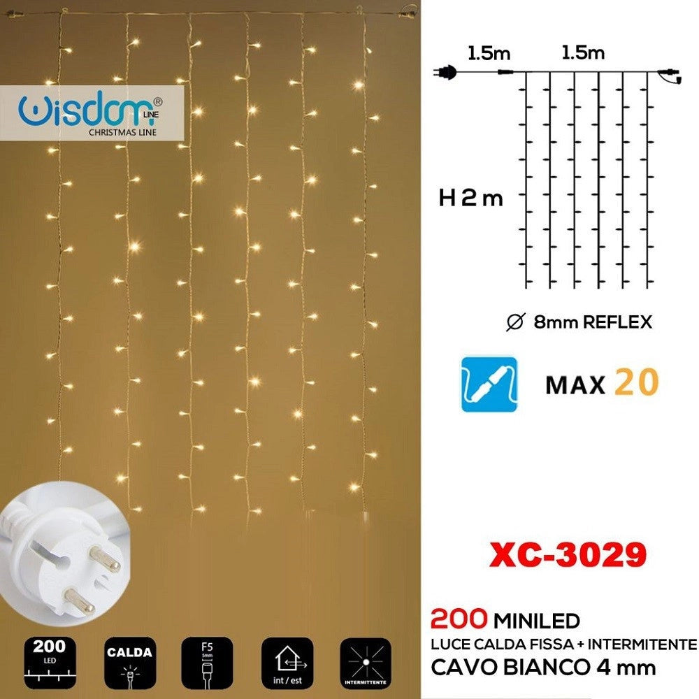 Trade Shop - Tenda Luminosa Natalizia 200 Led Luce Calda Fissa + Bianca Intermittente Xc-3029 -