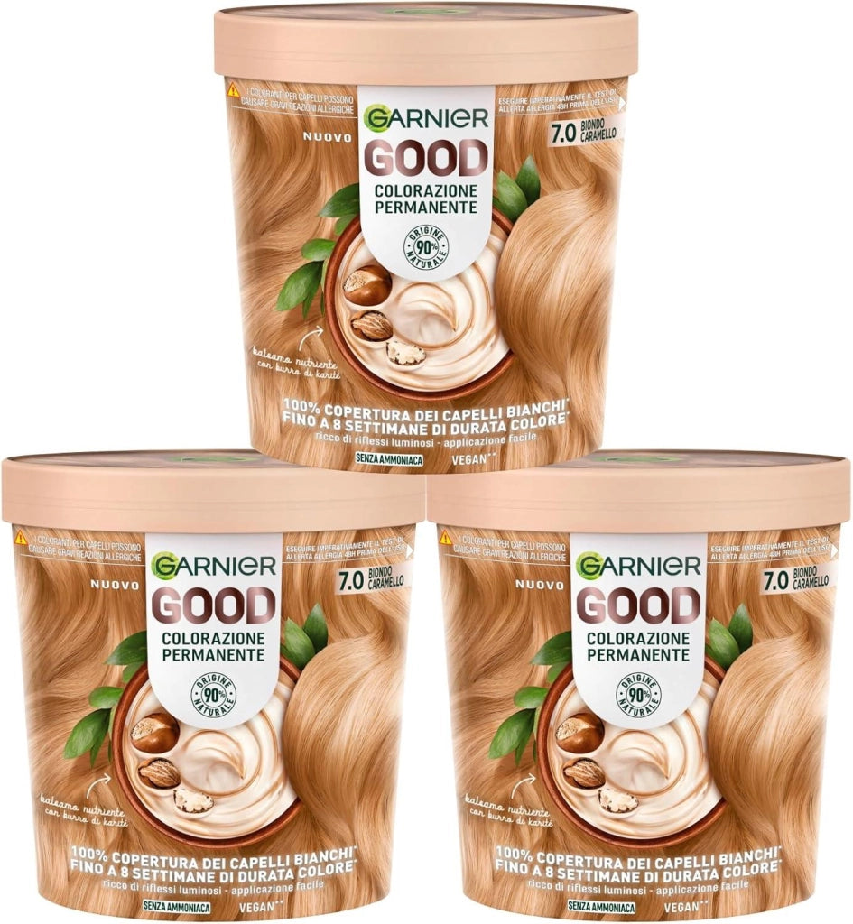 SET 3 GARNIER GOOD TINTA CAPELLI 7.0 BIONDO CARAMELLO COLORAZIONE PERMANENTE SENZA AMMONIACA 90% NATURALE