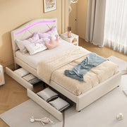 OKWISH Letto Singolo 90×200 cm con LED Regolabile, 2 Cassetti e Testiera Regolabile, senza Materasso, in Lino, Beige