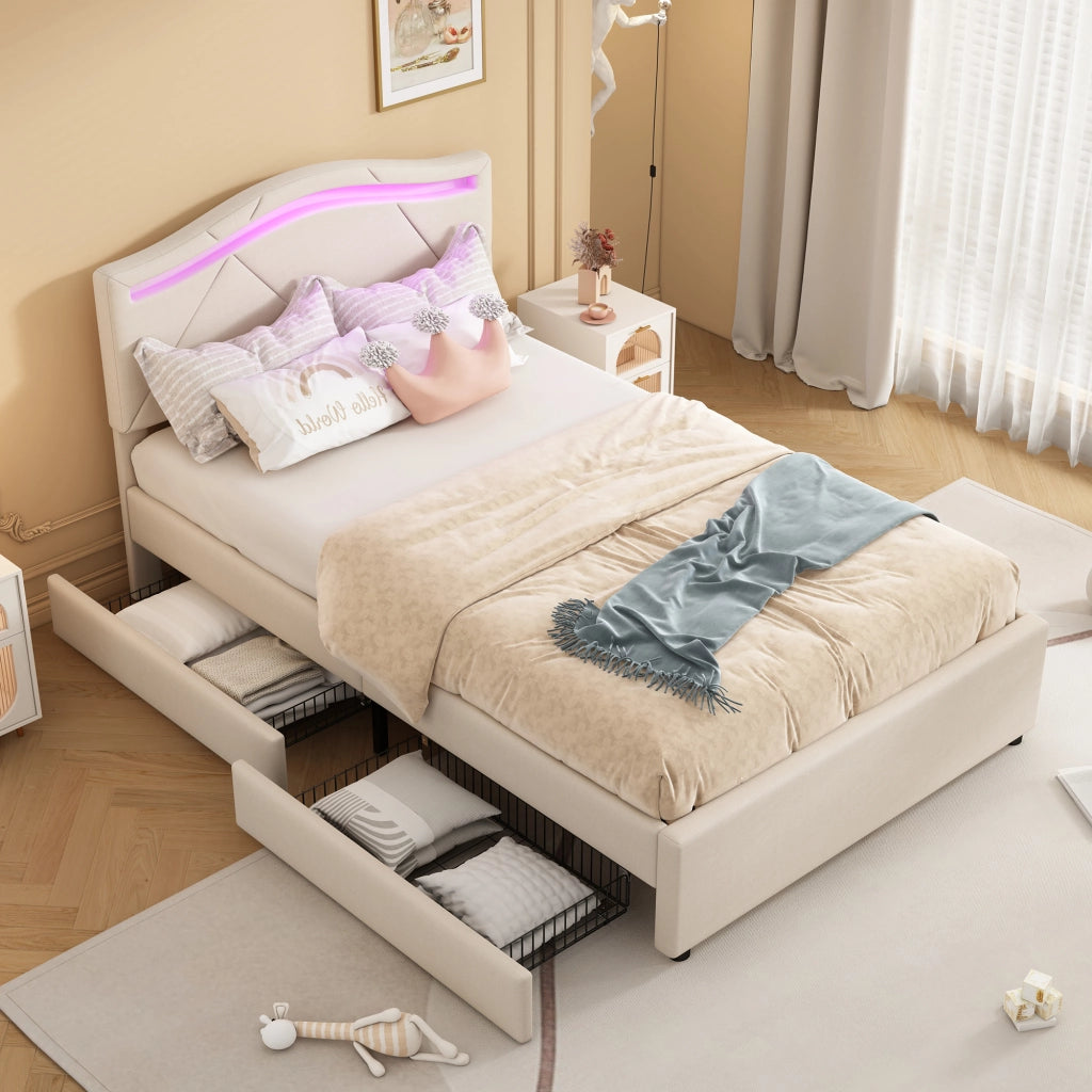 OKWISH Letto Singolo 90×200 cm con LED Regolabile, 2 Cassetti e Testiera Regolabile, senza Materasso, in Lino, Beige