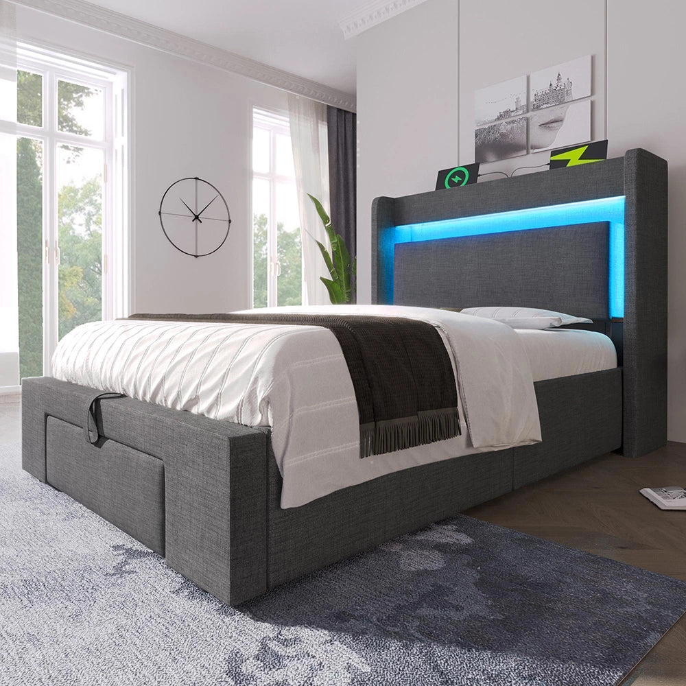 Letto imbottito 90x200cm - Xylo - Grigio lino, spazio idraulico, testiera con LED/USB, materasso incluso