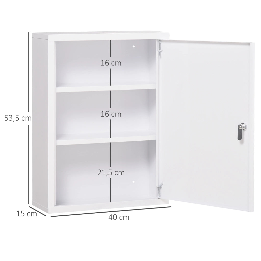Armadietto da farmacia a muro con serratura e 2 chiavi, in acciaio bianco, 40x15x53,5 cm, per bagno e cucina.