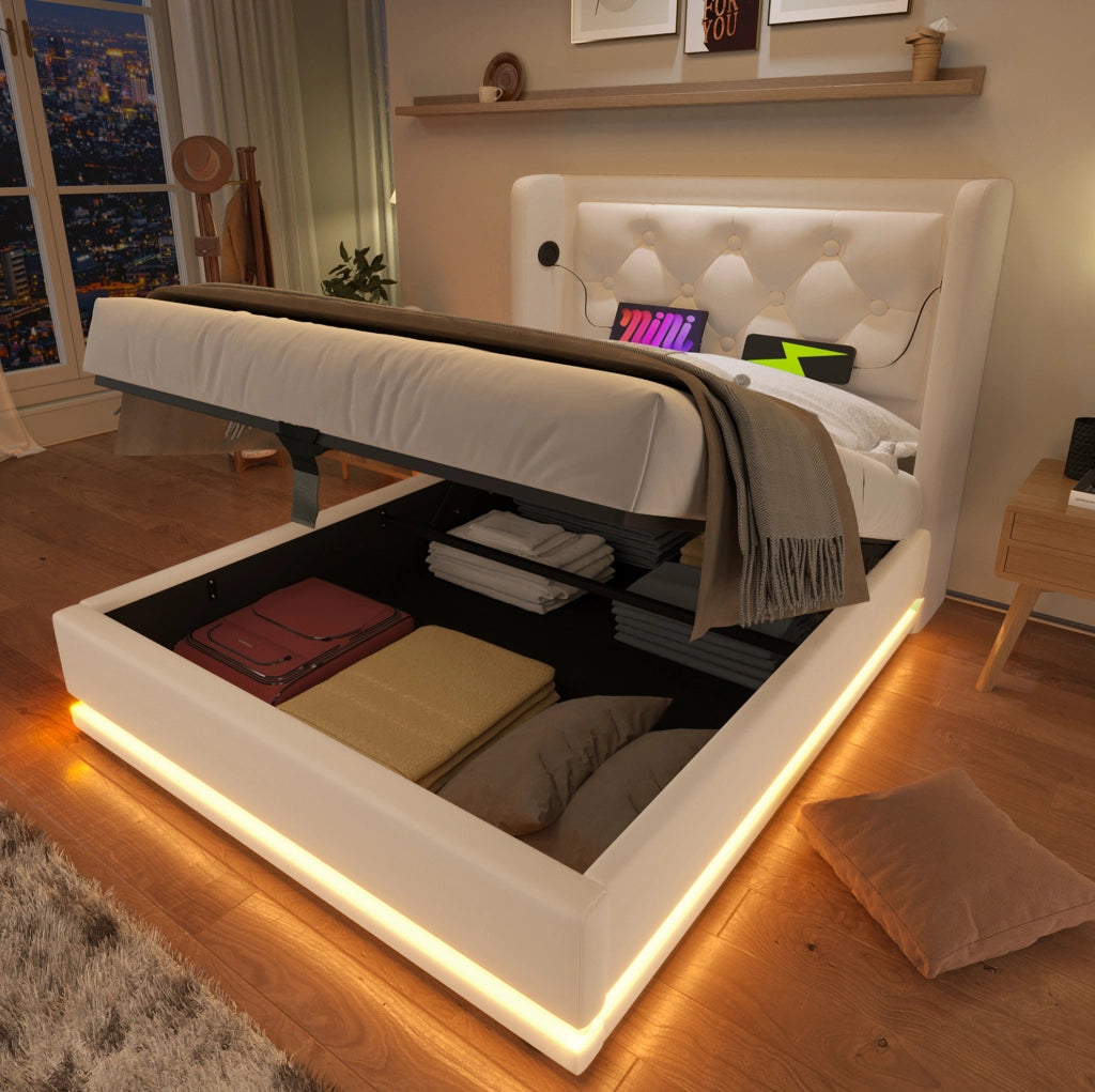 Letto singolo imbottito 90x200 cm in PU bianco con contenitore; LED e USB Type-C