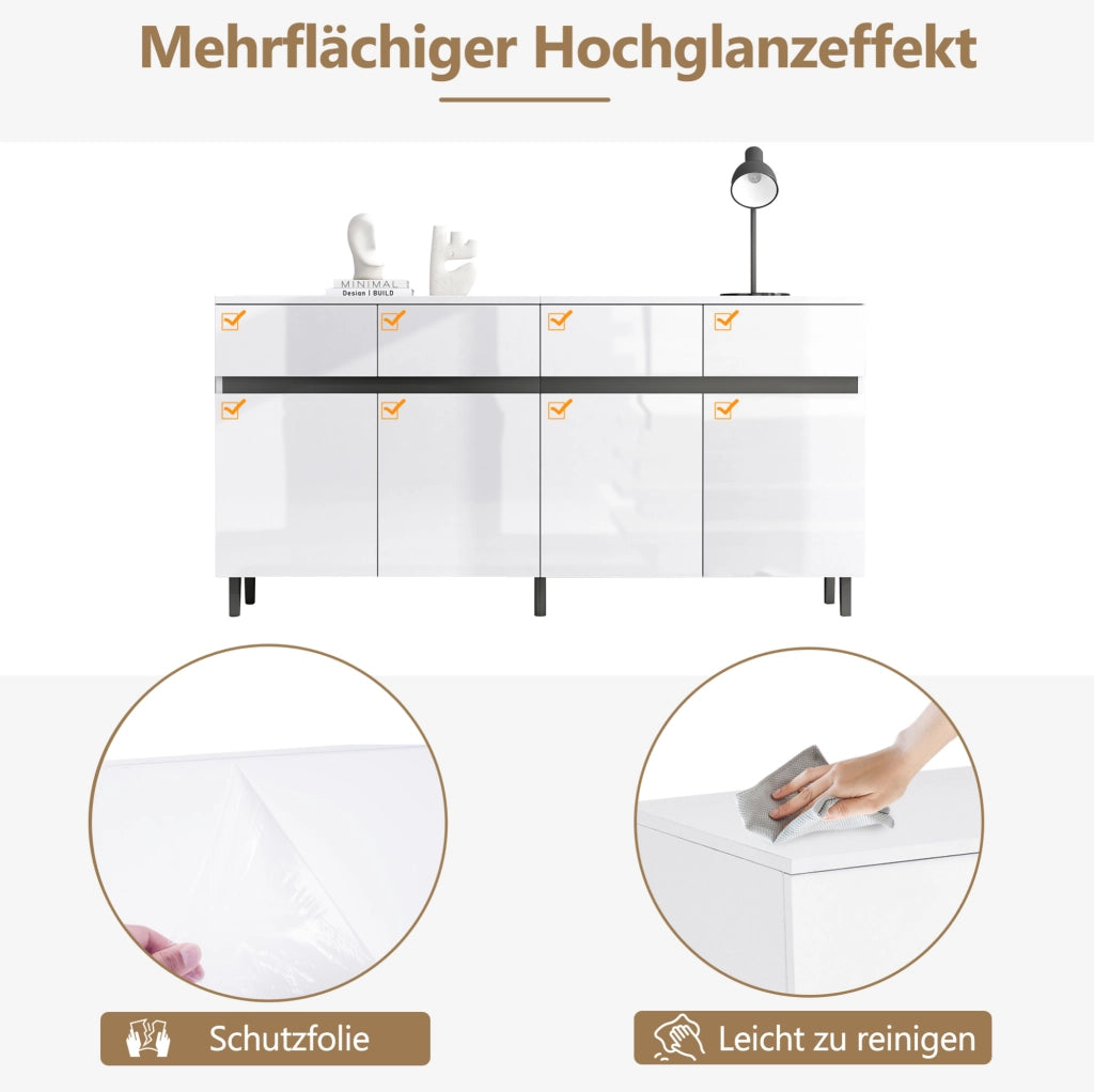Credenza moderna bianca lucida 160x40x68 cm in truciolare; con 4 cassetti e ripiani regolabili