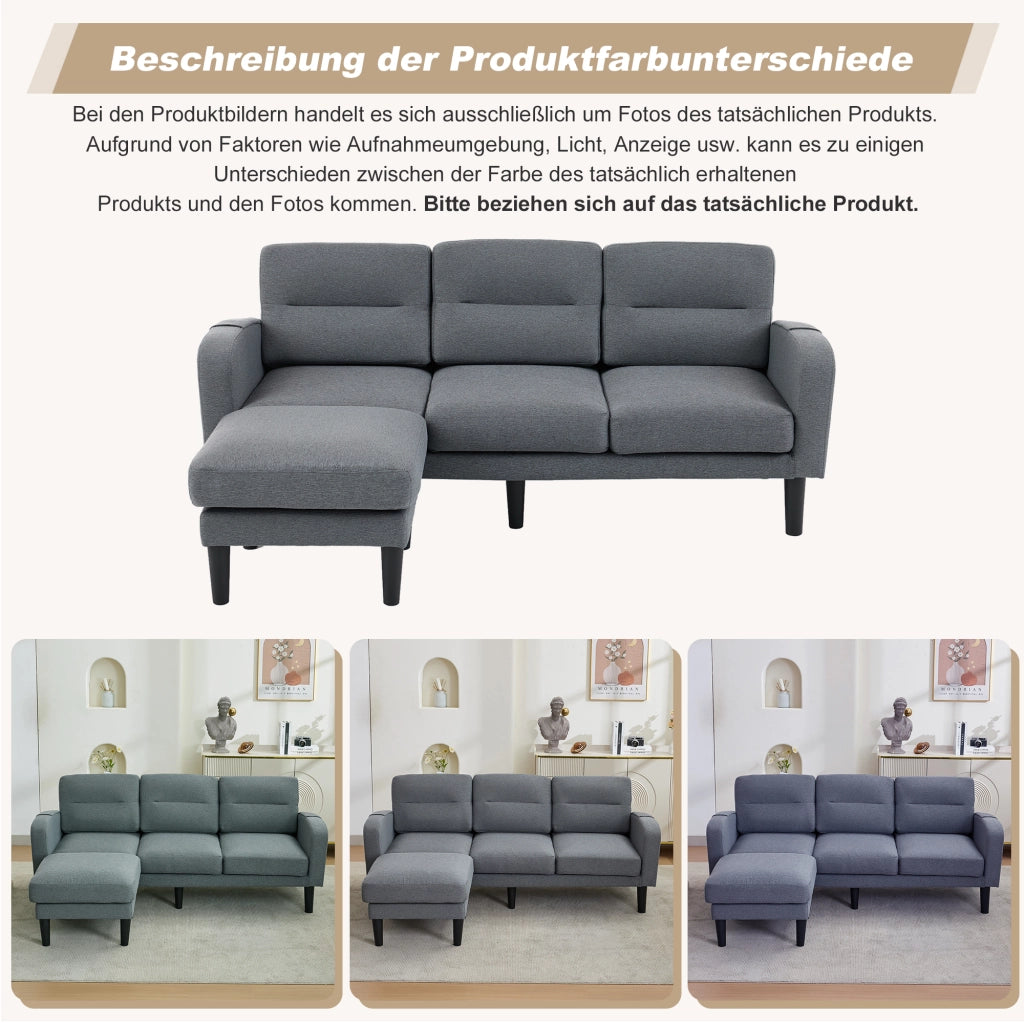DIVANO Angolare a L 204x136x80 cm Tessuto Grigio 3 Posti con Chaise Longue