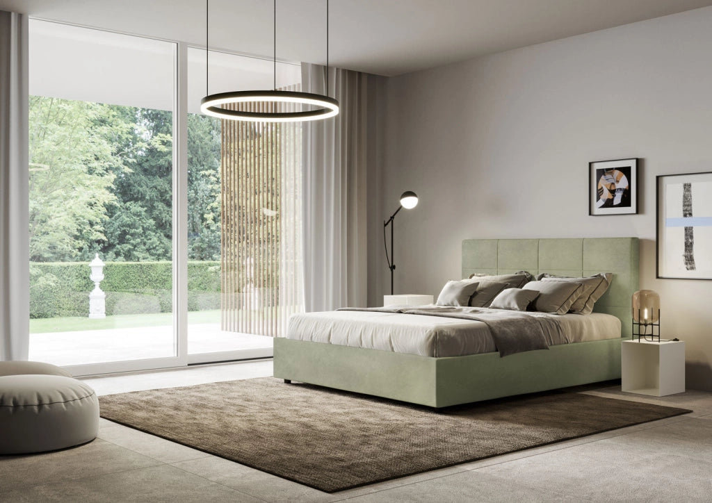 Letto queen size senza rete imbottito 150x190 microfibra blu Mika