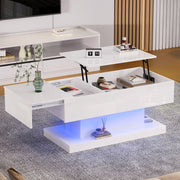 Tavolino da salotto bianco lucido 100x50x45 cm con sollevamento idraulico, funzione scorrevole laterale, LED e vano contenitore