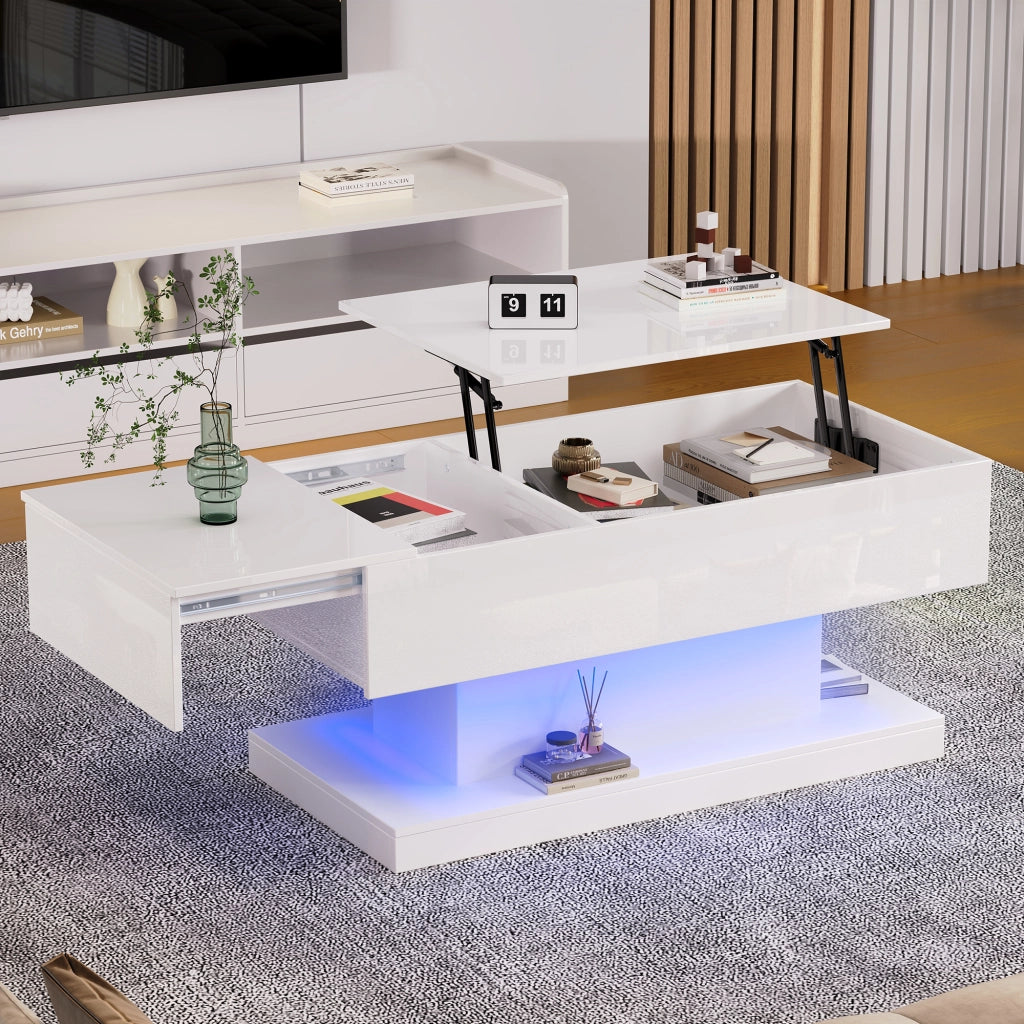 Tavolino da salotto bianco lucido 100x50x45 cm con sollevamento idraulico, funzione scorrevole laterale, LED e vano contenitore