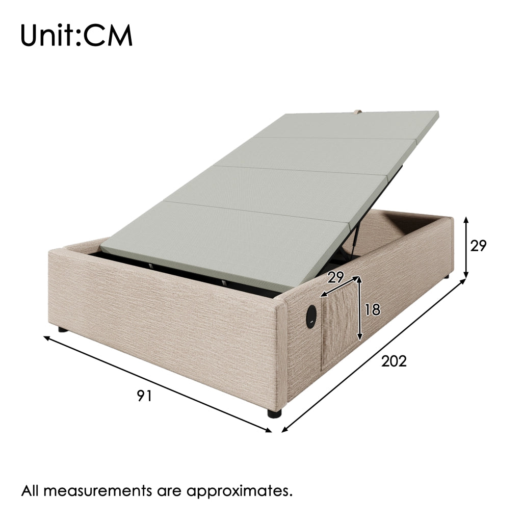 OKWISH Letto contenitore 90×200 cm, Letto Singolo con USB, Type C e Tasca Laterale, senza Materasso, in Lino, Beige Naturale