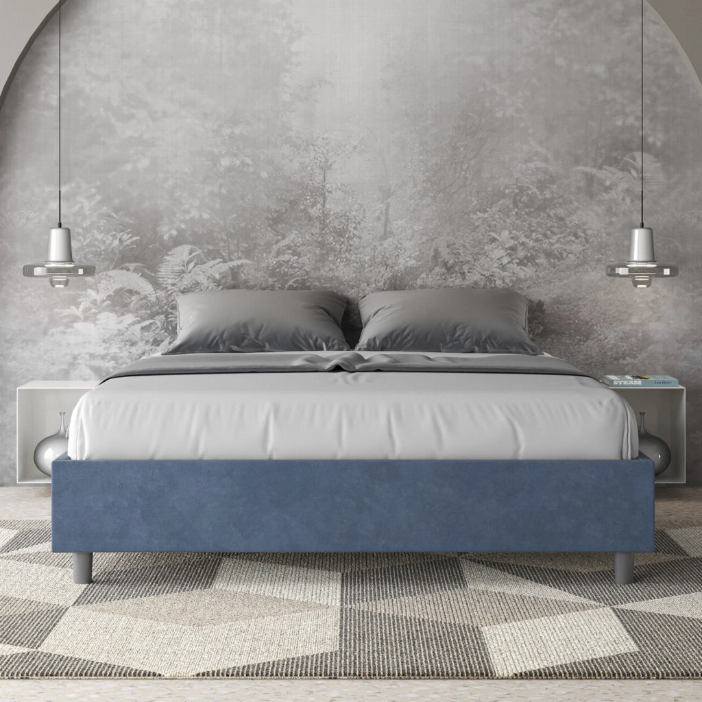 BS COM Letto queen size con rete imbottito 150x210 microfibra blu