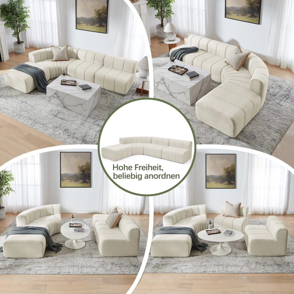 Divano angolare modulare a 4 posti in chenille beige con moduli combinabili e seduta versatile