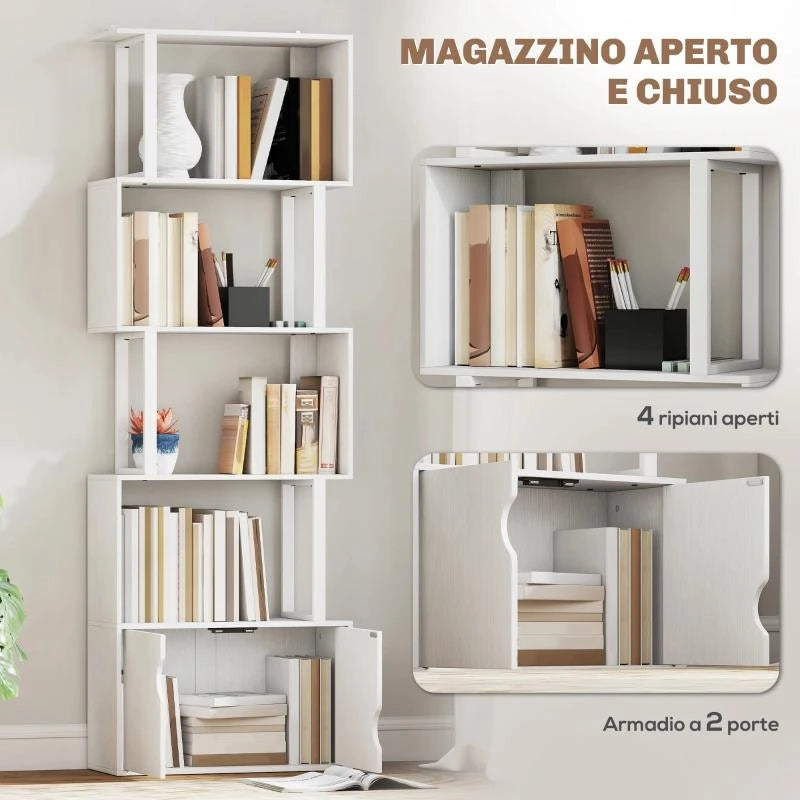 LIBRERIA MODERNA CON 5 RIPIANI E ARMADIETTO A 2 ANTE IN LEGNO, 60X23.8X179.2 CM, BIANCO