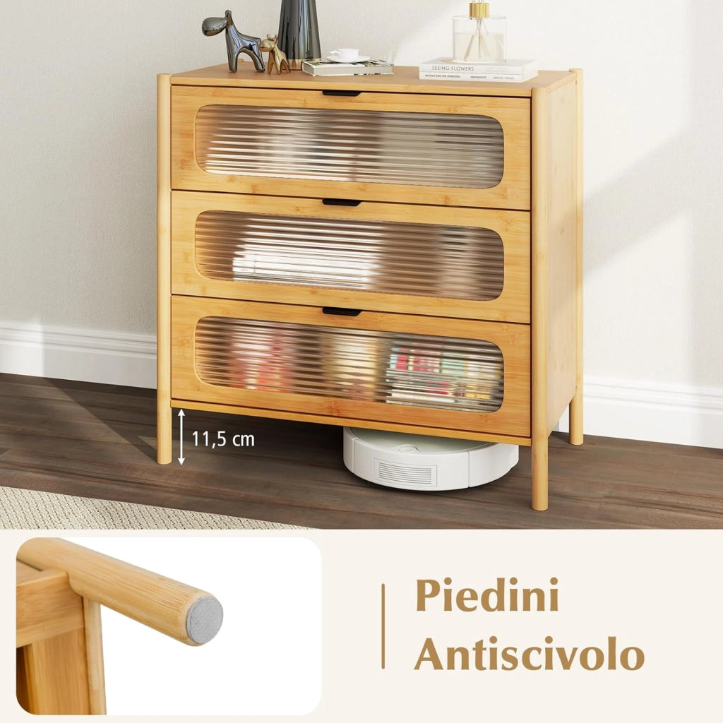 Cassettiera a 3 Cassetti in Bambù e Vetro Temperato, Cassettiera Salvaspazio per Camera da Letto, Credenza per Soggiorno, Ingresso e Corridoio, 80 x 40 x 78,5 cm, Naturale