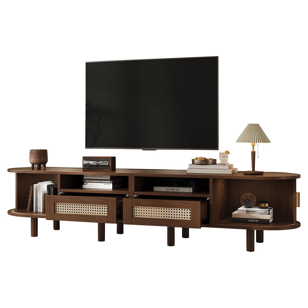 Mobile TV Ovale 170x40x40cm - Xylo - 2 Cassetti in Vimini, 2 Ante Scorrevoli, Noce