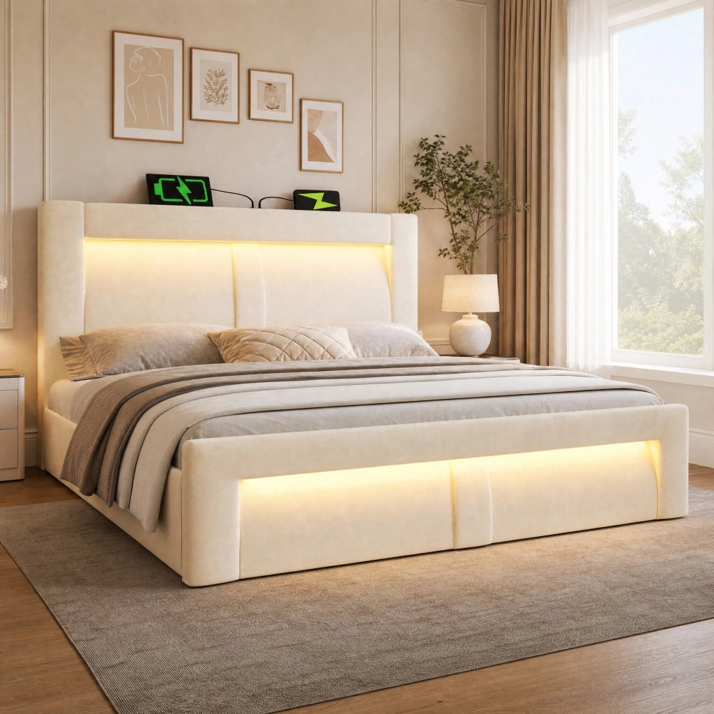 DESMIU Letto Contenitore 140 × 200 cm 2 Posti con LED, USB, Type-C, Contenitore Idraulico, senza Materasso, in Velluto Beige