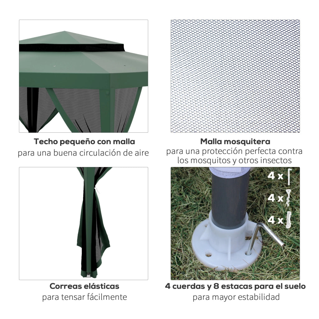 Gazebo da Giardino 3x3 m ¨C Zephmum ¨C Verde con 4 Mosquitiere e Tetto Doppio