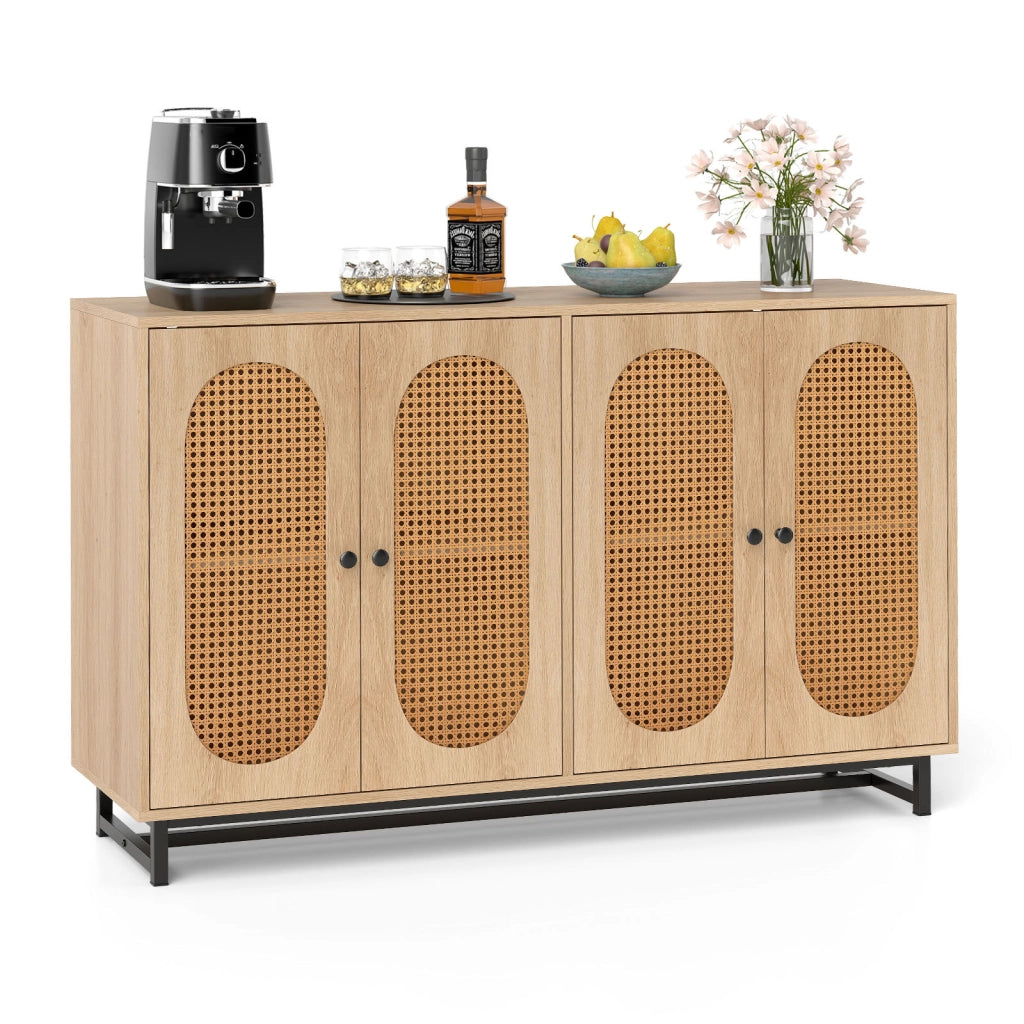 Credenza in rattan ripiani e gambe in metallo 126 x 40 x 81 cm, Armadio a buffet per cucina sala da pranzo e soggiorno Naturale