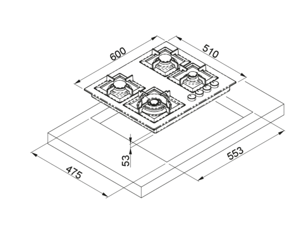 Piano cottura a gas da Incasso Plano 60 ELLECI PGSP60168WS 4 fuochi, 600x510 Granitek Bianco 68