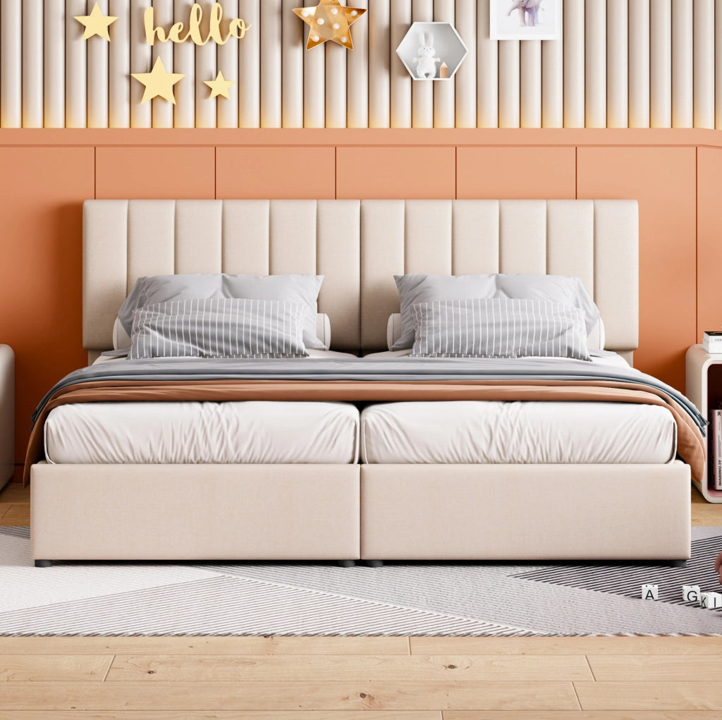 Letto matrimoniale imbottito 180x200 cm con contenitore idraulico; lino beige