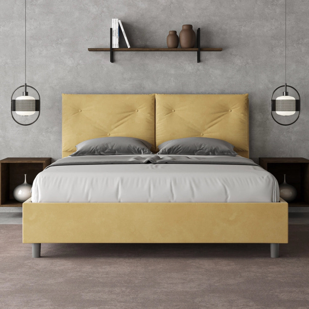 BS COM Letto matrimoniale con rete imbottito 160x200 microfibra ocra