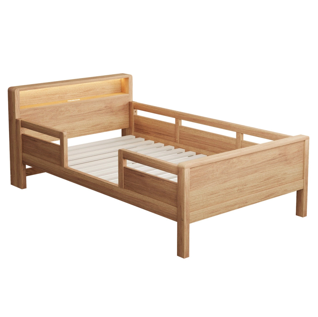 Letto singolo per bambini in legno con LED, USB-C e testiera con vano