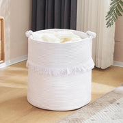 Tessuto di cotone per il bucato - contenitore per il bucato con maniglie per interni bohemien - contenitore per la conservazione di giocattoli - 40 x 43 cm - bianco