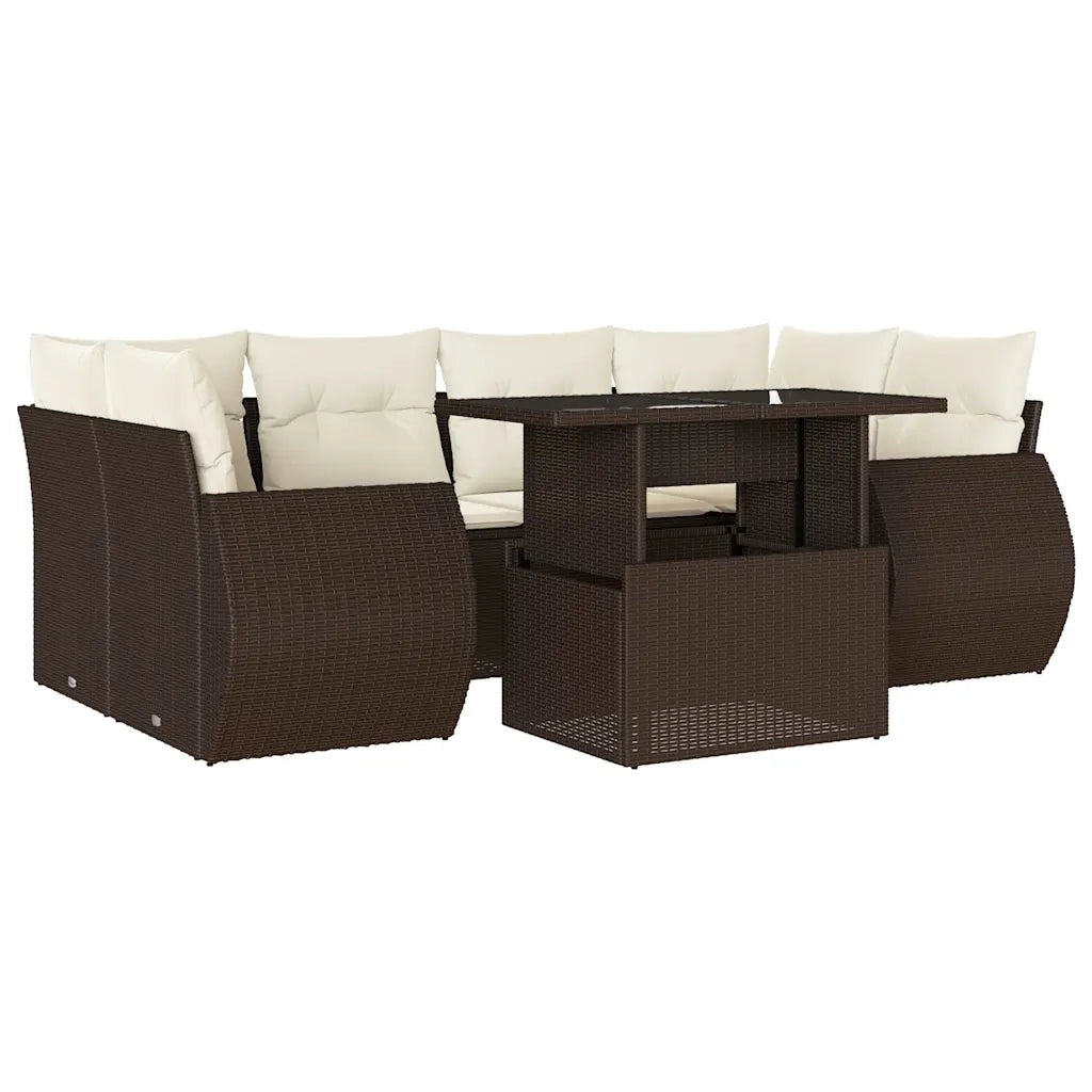 Set Divani da Giardino 7 pz con Cuscini Marrone in Polyrattan