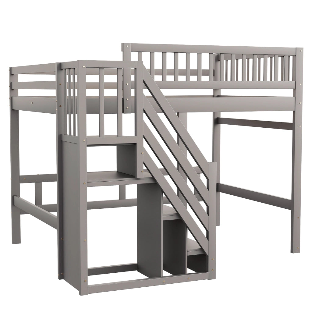 Letto a soppalco in legno massello con scala contenitore e recinzione alta; grigio; 140x200 cm; senza materasso