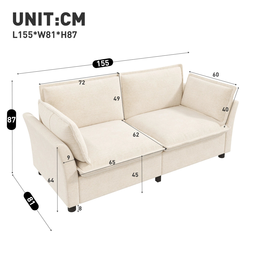 Divano lineare 2 posti - con cuscini per bracciolo e seduta ampia - in chenille beige