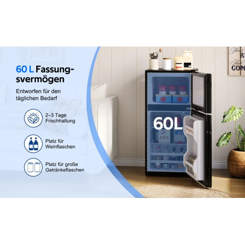 Mini frigorifero con congelatore; indipendente; volume totale 60L; congelatore da 22L; porta in vetro; illuminazione LED; basso rumore; scaffali rimovibili in vetro; nero