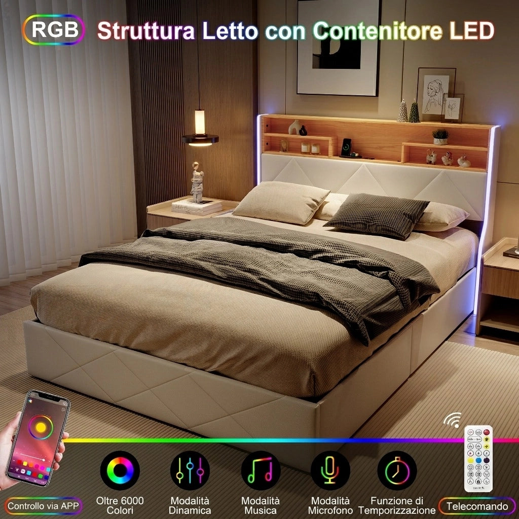 Letto matrimoniale 160x200 cm con contenitore LED USB Type-C testiera rete a doghe struttura letto metallo legno PU -bianco