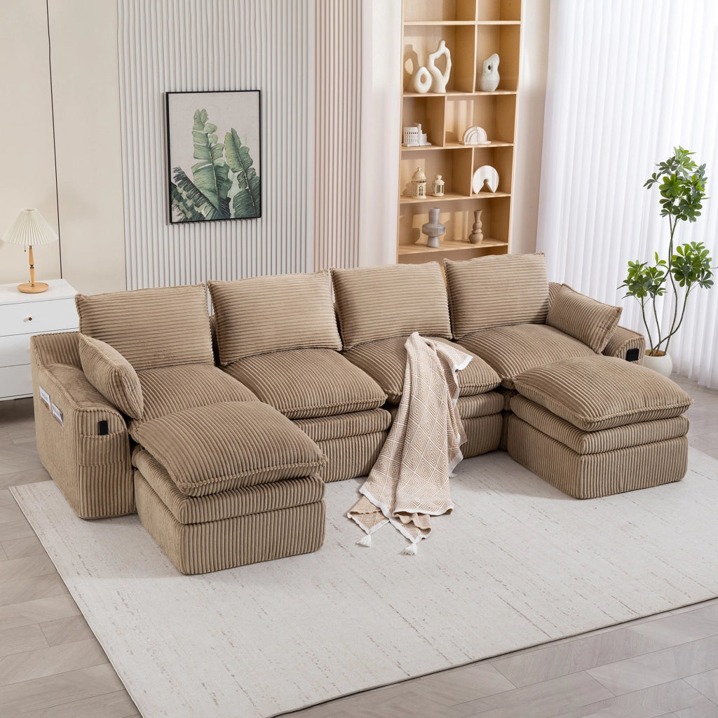 Divano Modulare 4 Posti con 2 Pouf ¨C MINIMAL ¨C Tessuto a Coste, Cuscini, Khaki