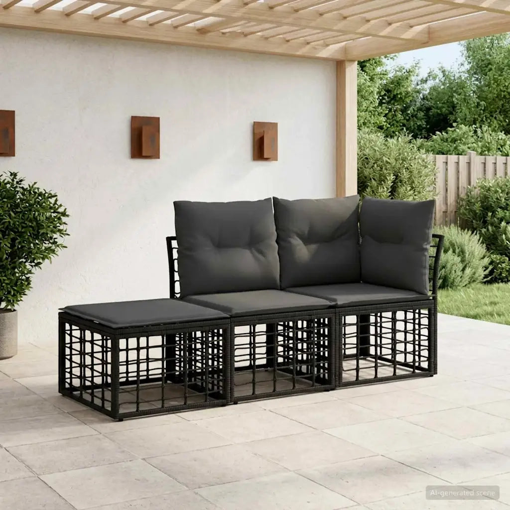 Set di divani da esterno con cuscino 3 pz | Set Salotto da Giardino Nero Poliestere
