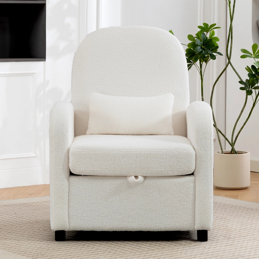 Poltrona Moderna con Cuscino e Spazio Contenitore ¨C Zephmum ¨C Rivestimento in Pile Teddy Crema 76x77x95 cm