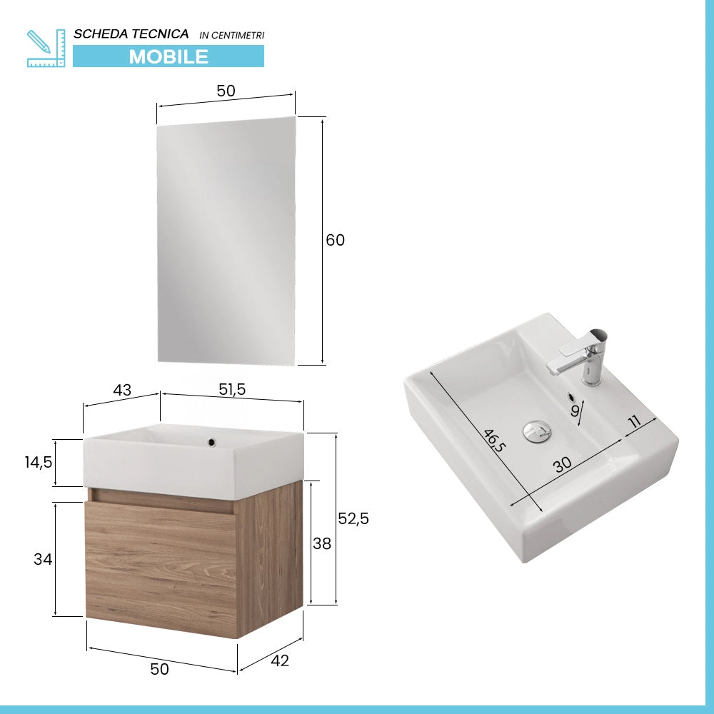 Mobiletto bagno sospeso 50 cm salvaspazio rovere 1 anta Kira
